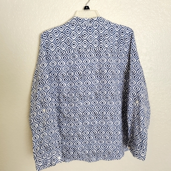 CHICO'S No-Iron Linen Diamond Ikat-Print Roll-Tab Sleeve Shirt sz 16/18 - Picture 8 of 10